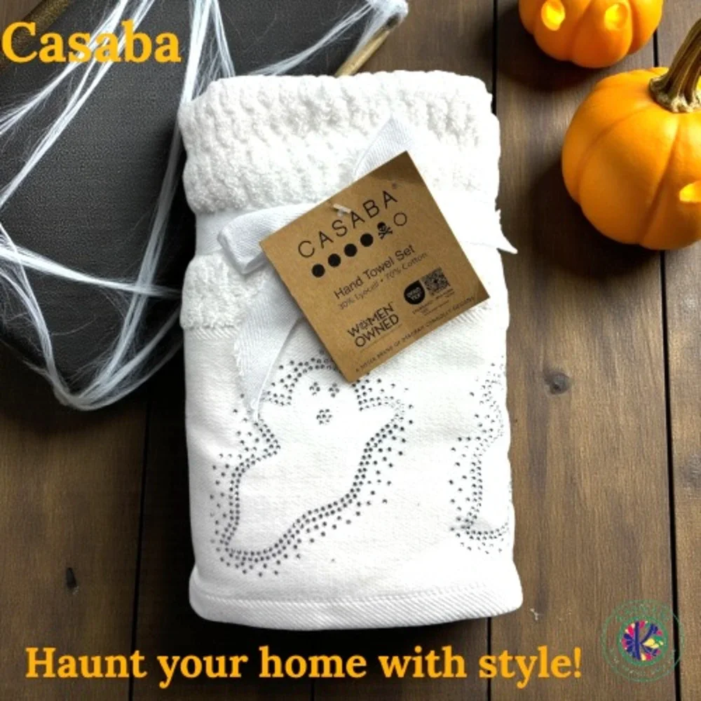 Casaba Halloween Hand Towels Set of 2 – White with Ghost Rhinestones – OEKO-TEX®